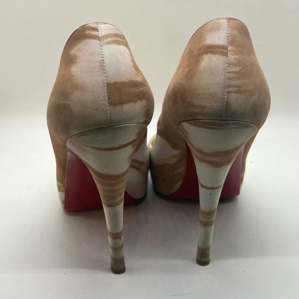 Christian Louboutin Marbled Tan Suede Peep Toe Platform Pumps Red Bottoms 37